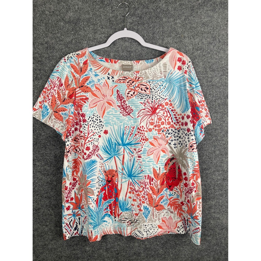 Chico's Tropical Leopard Top Women Size 3 XL Multicolor Short Sleeve Tee